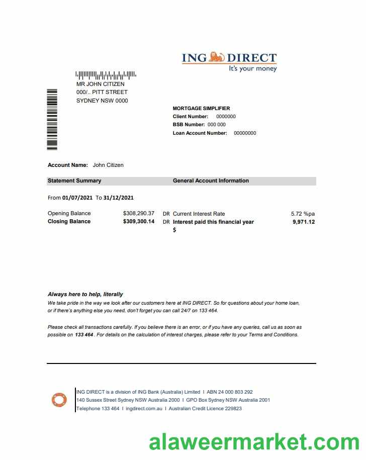 Australia ING Direct bank statement easy to fill template in Excel and PDF format